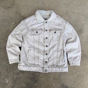 Levis Sherpa Lined Trucker Jacket Mens Medium Tan Stone Wash Denim Coat